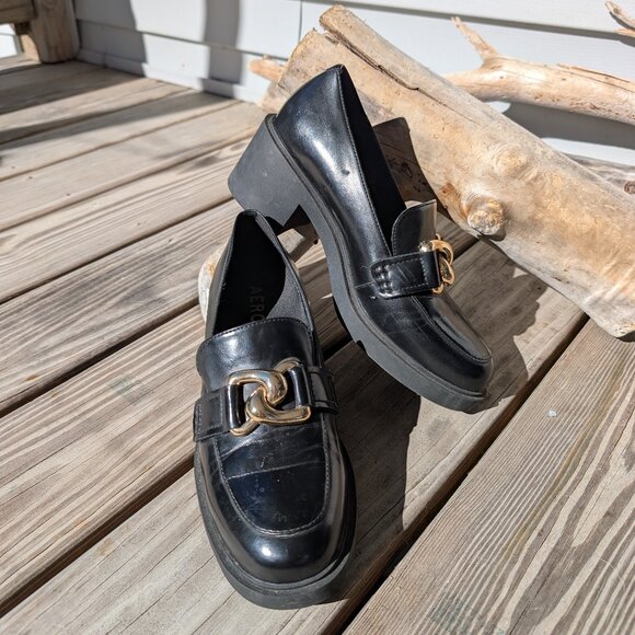 Women's Gibbon Block Heel Loafer Black Gold Buckle Platform Chunky Lug Sole 9 - Picture 1 of 9